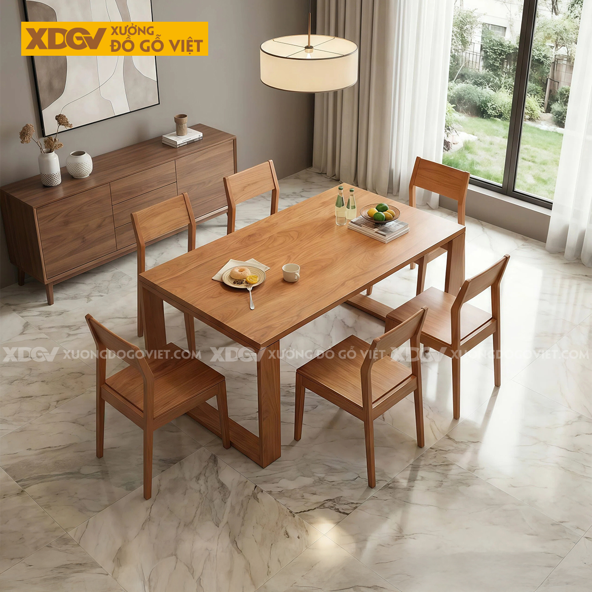 Bàn Ăn 6 Ghế Gỗ Gõ Chân Chữ U Vững Chãi Hiện Đại