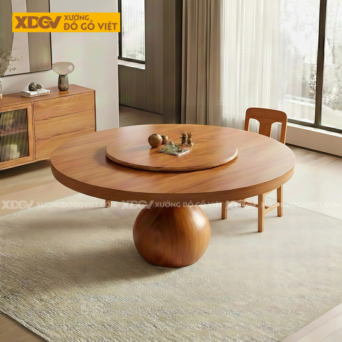 Bàn Ăn Gõ Đỏ Mâm Xoay Chân Bệ Tròn Sang Trọng Độc Đáo