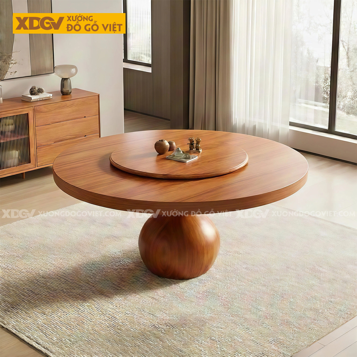 Bàn Ăn Gõ Đỏ Mâm Xoay Chân Bệ Tròn Sang Trọng Độc Đáo