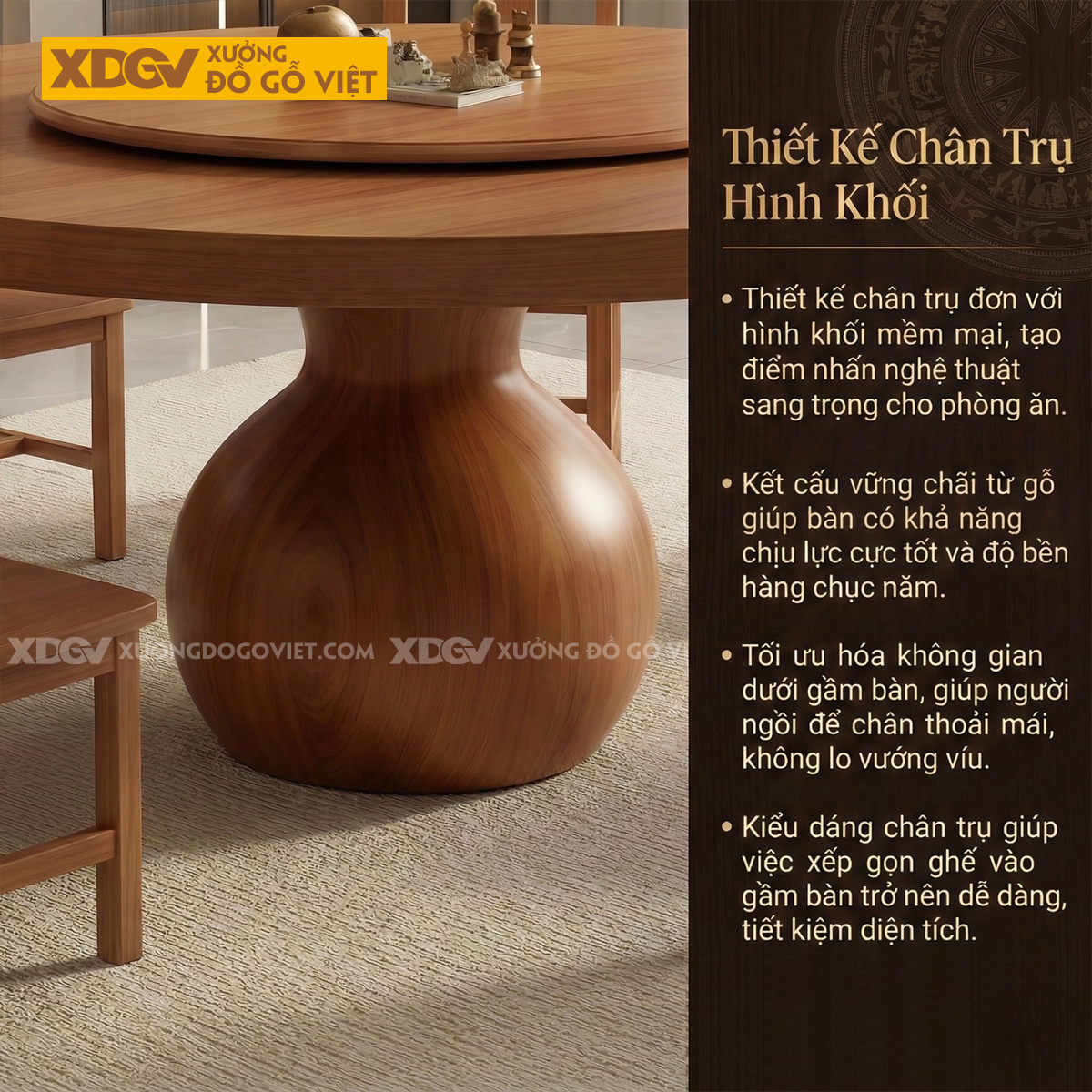 Bàn Ăn Gõ Đỏ Mâm Xoay Chân Bệ Tròn Sang Trọng Độc Đáo