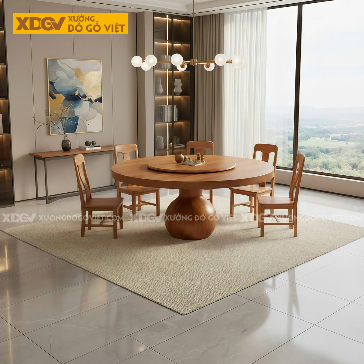 Bàn Ăn Gõ Đỏ Mâm Xoay Chân Bệ Tròn Sang Trọng Độc Đáo