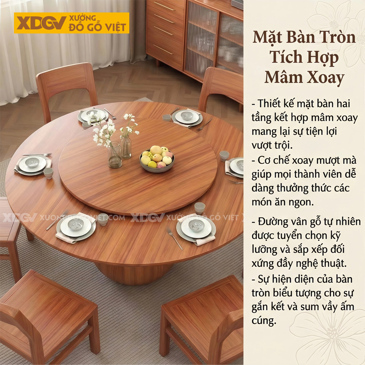 Bàn Ăn Gỗ Gõ Đỏ Chân Hình Lọ Hoa Độc Đáo Kèm Mâm Xoay