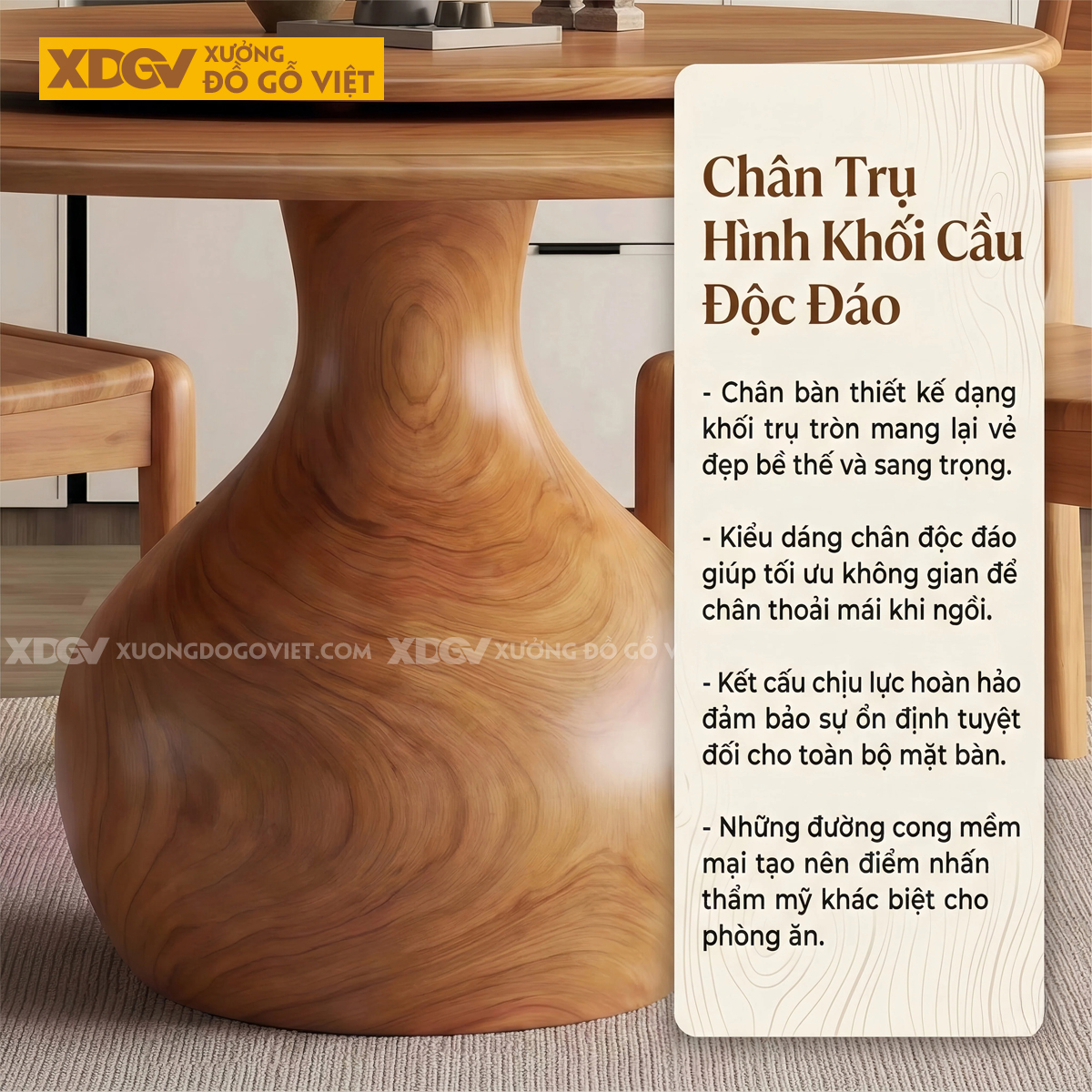 Bàn Ăn Gỗ Gõ Đỏ Chân Hình Lọ Hoa Độc Đáo Kèm Mâm Xoay