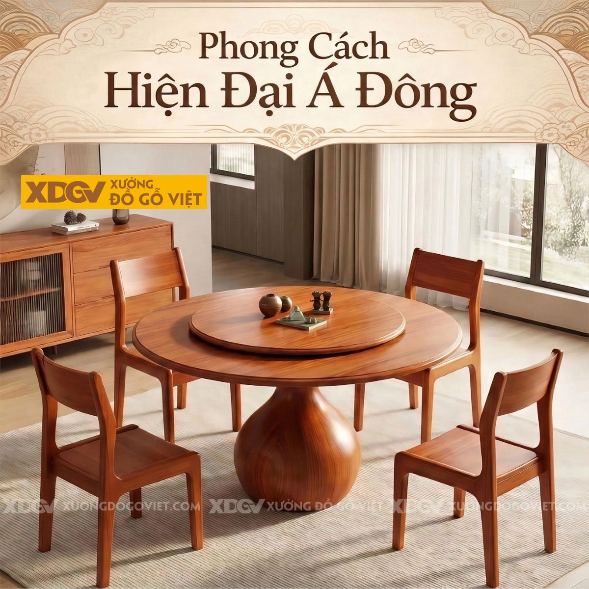 Bàn Ăn Gỗ Gõ Đỏ Chân Hình Lọ Hoa Độc Đáo Kèm Mâm Xoay