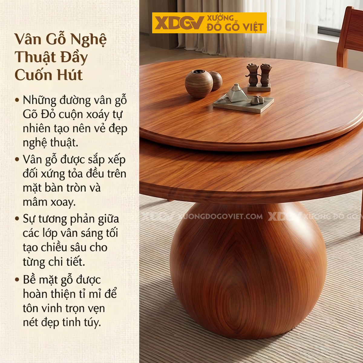 Bàn Ăn Gỗ Gõ Đỏ Chân Hình Lọ Hoa Độc Đáo Kèm Mâm Xoay