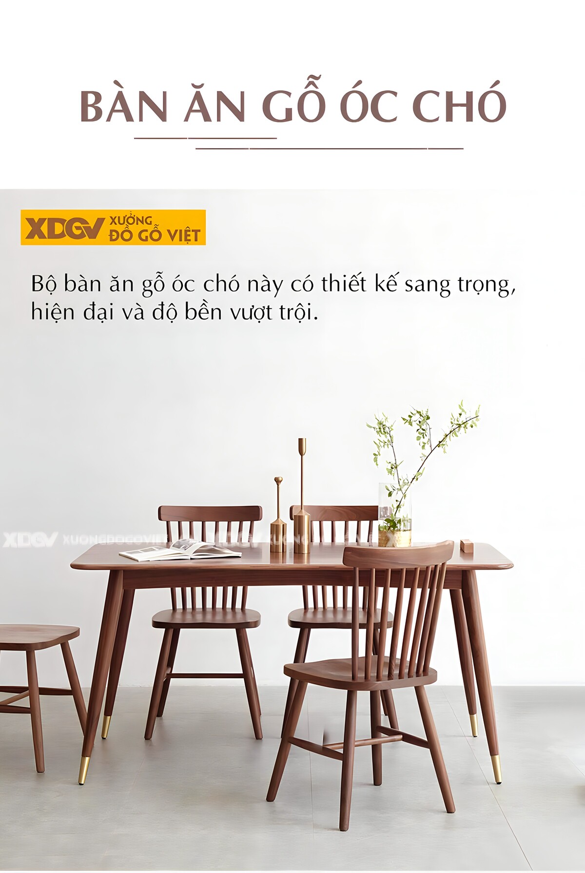 Bàn Ăn Gỗ Óc Chó 4 Ghế Windsor Hiện Đại Chân Bọc Kim Loại