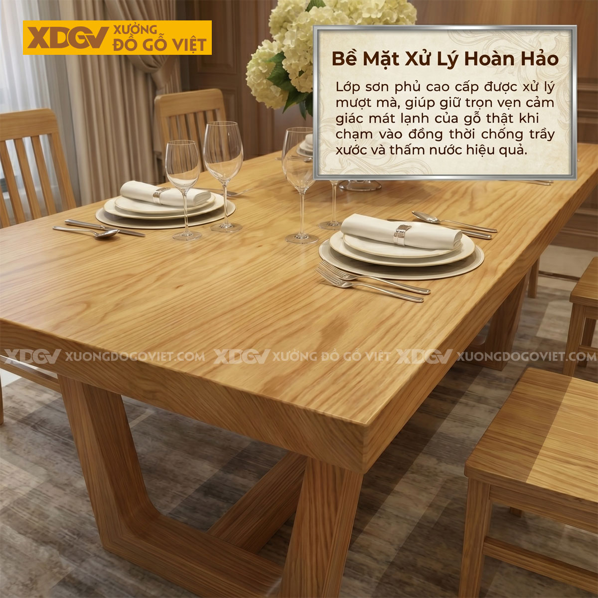 Bàn Ăn Gỗ Sồi 6 Ghế Chân Hình Thang Ngược Vững Chãi