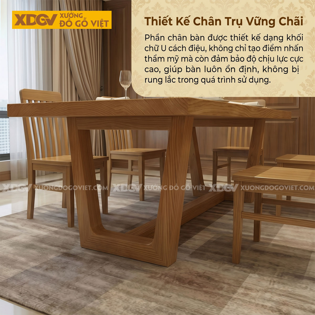 Bàn Ăn Gỗ Sồi 6 Ghế Chân Hình Thang Ngược Vững Chãi
