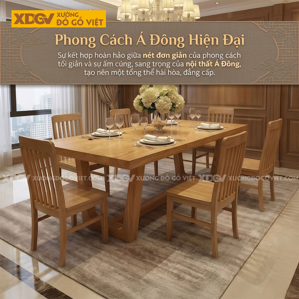 Bàn Ăn Gỗ Sồi 6 Ghế Chân Hình Thang Ngược Vững Chãi