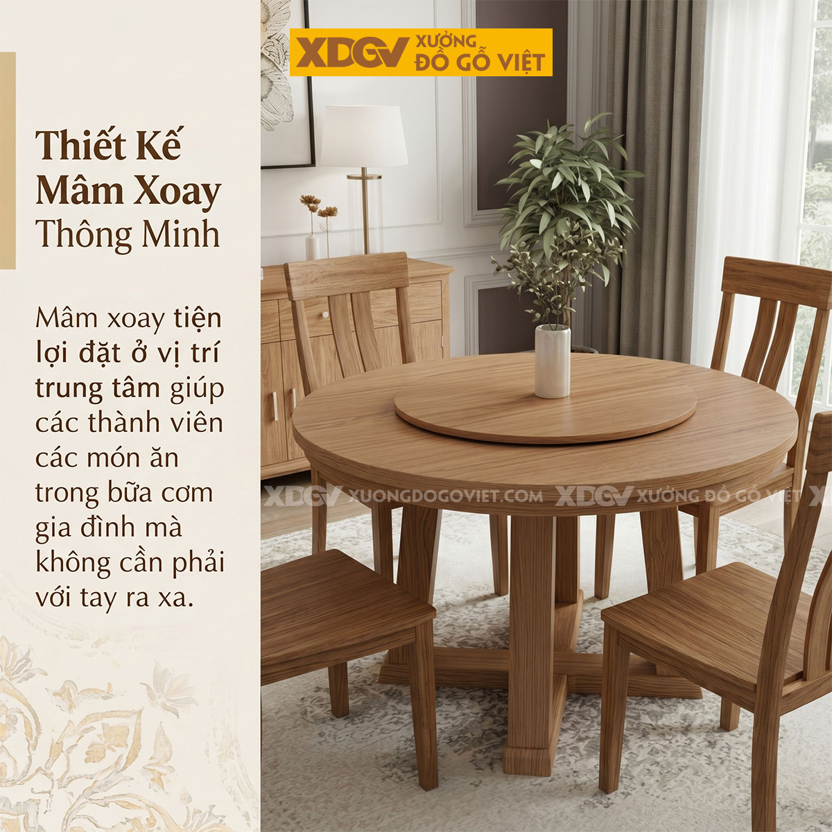 Bàn Ăn Gỗ Sồi Mâm Xoay Lazy Susan Chân Đế Chữ X Độc Đáo