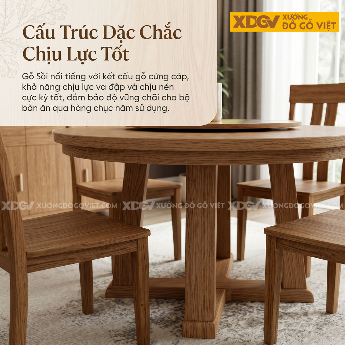 Bàn Ăn Gỗ Sồi Mâm Xoay Lazy Susan Chân Đế Chữ X Độc Đáo