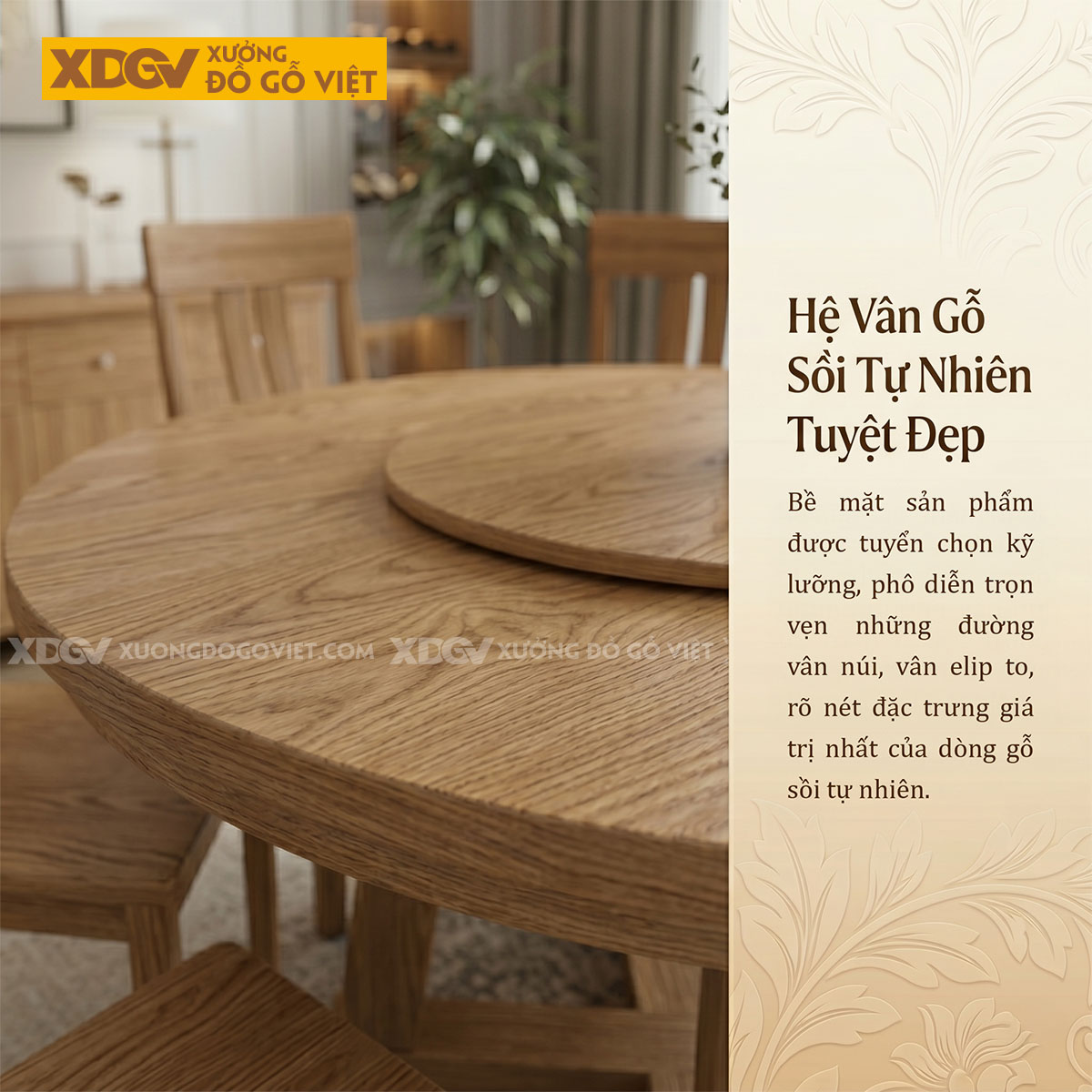 Bàn Ăn Gỗ Sồi Mâm Xoay Lazy Susan Chân Đế Chữ X Độc Đáo