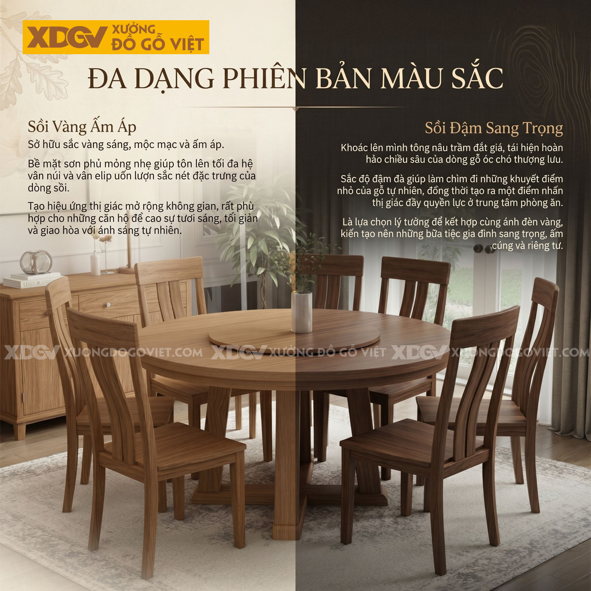Bàn Ăn Gỗ Sồi Mâm Xoay Lazy Susan Chân Đế Chữ X Độc Đáo