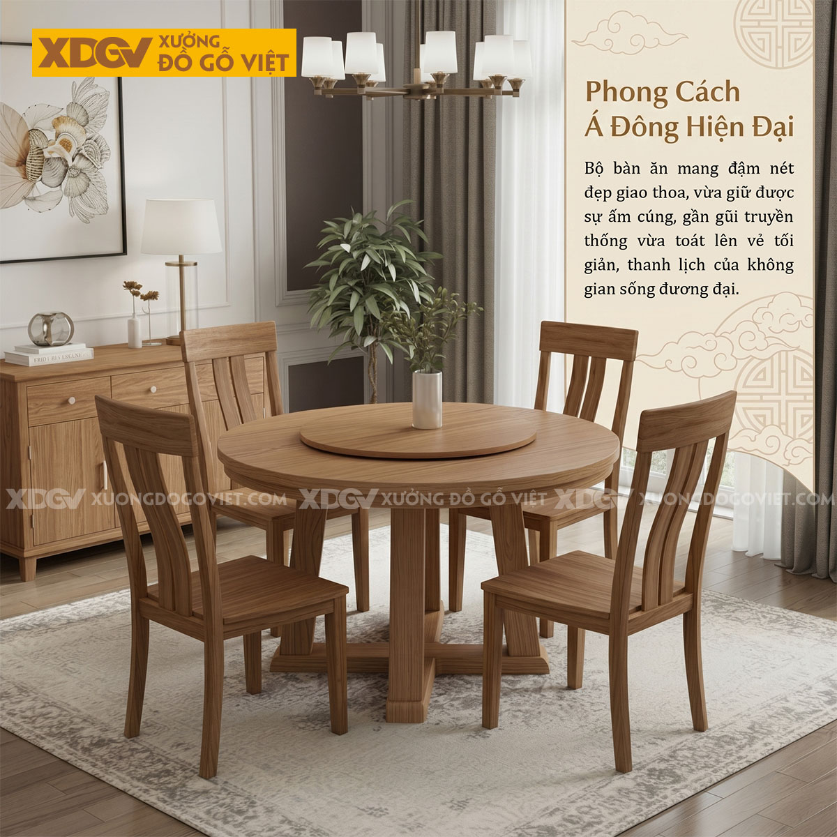 Bàn Ăn Gỗ Sồi Mâm Xoay Lazy Susan Chân Đế Chữ X Độc Đáo