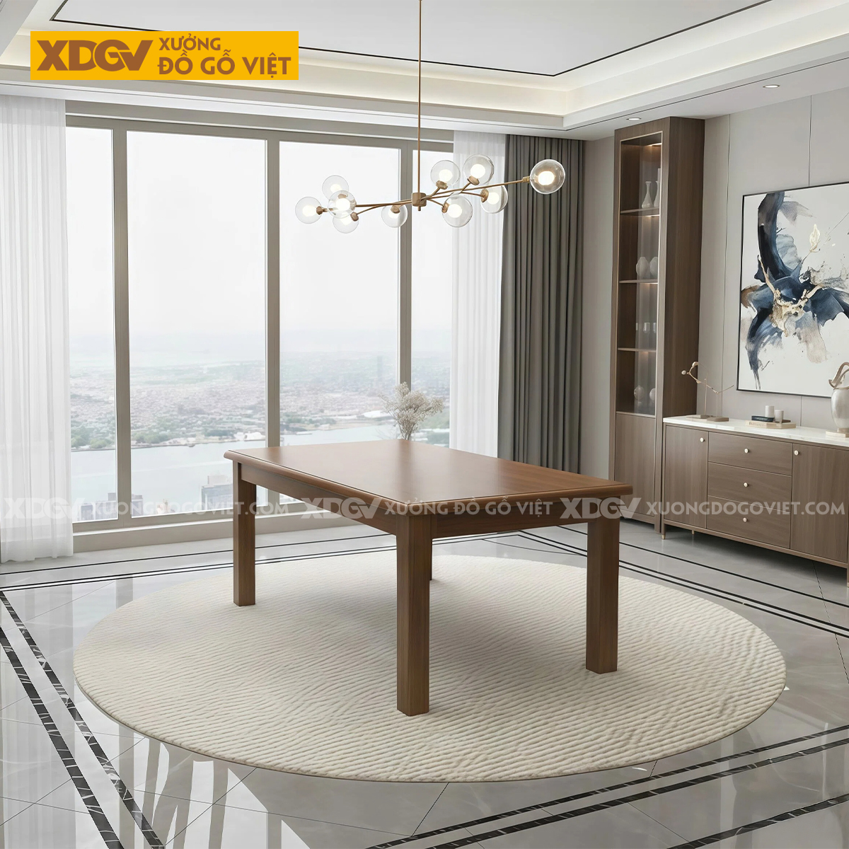 Bàn Ăn Gỗ Sồi Vát Cạnh Chân Trụ Vuông 6 Ghế Hiện Đại