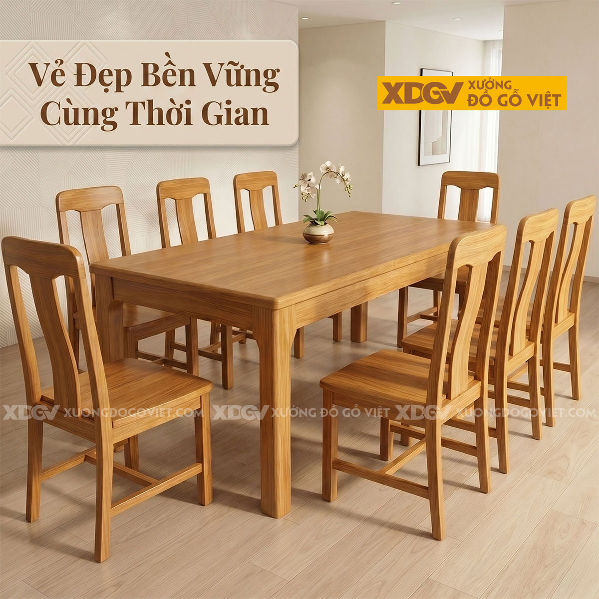 Bàn Ăn Gỗ Sồi Vát Cạnh Chân Trụ Vuông 6 Ghế Hiện Đại