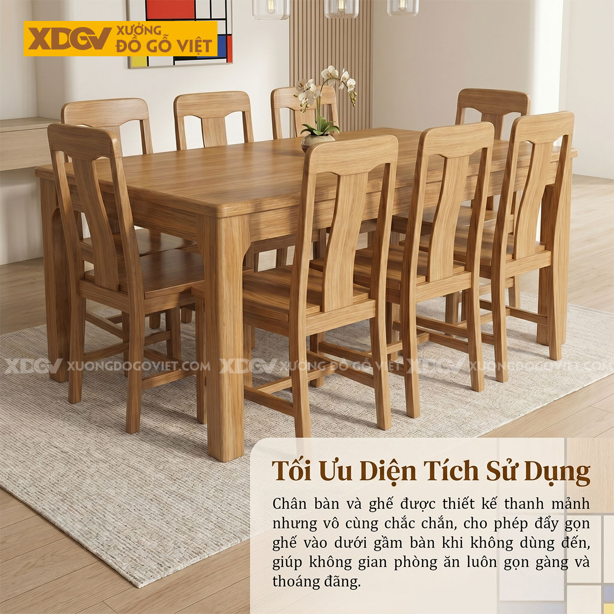 Bàn Ăn Gỗ Sồi Vát Cạnh Chân Trụ Vuông 6 Ghế Hiện Đại