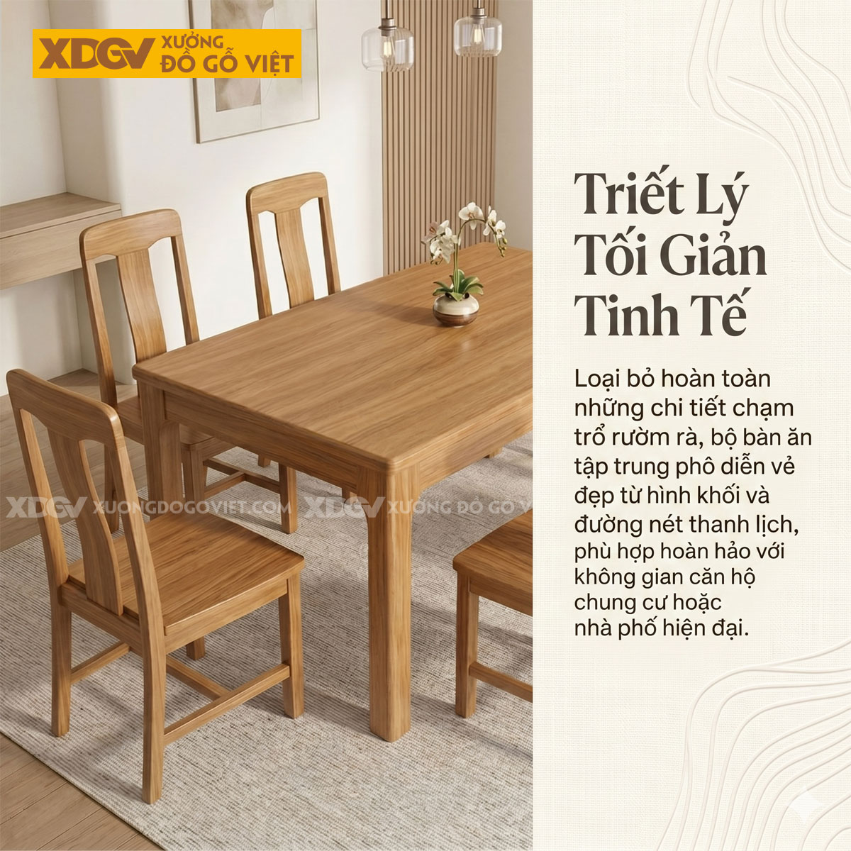 Bàn Ăn Gỗ Sồi Vát Cạnh Chân Trụ Vuông 6 Ghế Hiện Đại