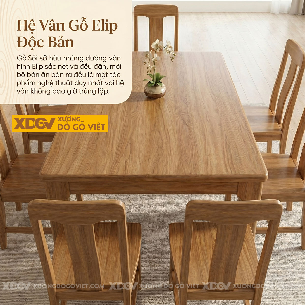 Bàn Ăn Gỗ Sồi Vát Cạnh Chân Trụ Vuông 6 Ghế Hiện Đại