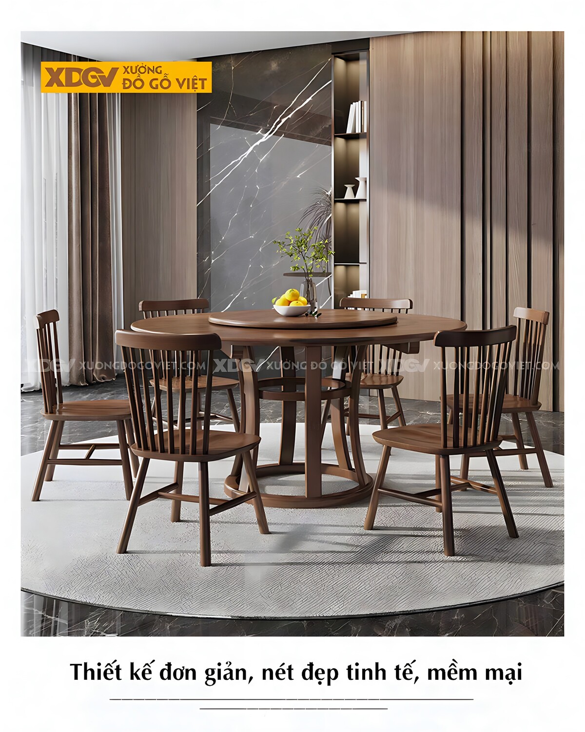 Bàn Ăn Tròn Gỗ Óc Chó Á Đông Hiện Đại 6 Ghế Có Mâm Xoay