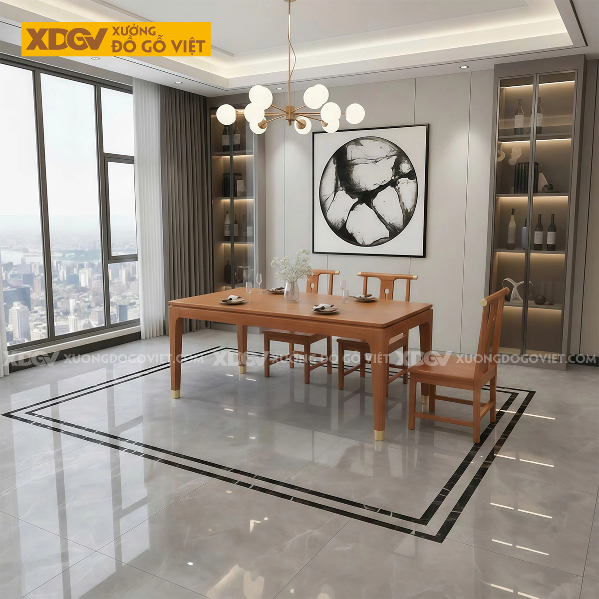 Bàn Ghế Ăn Gỗ Gõ 6 Ghế Phong Cách Trung Hoa Thanh Lịch