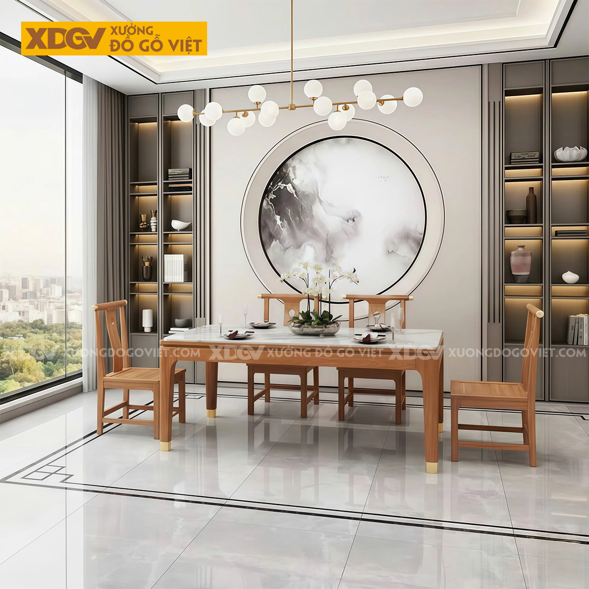 Bàn Ghế Ăn Gỗ Gõ 6 Ghế Phong Cách Trung Hoa Thanh Lịch