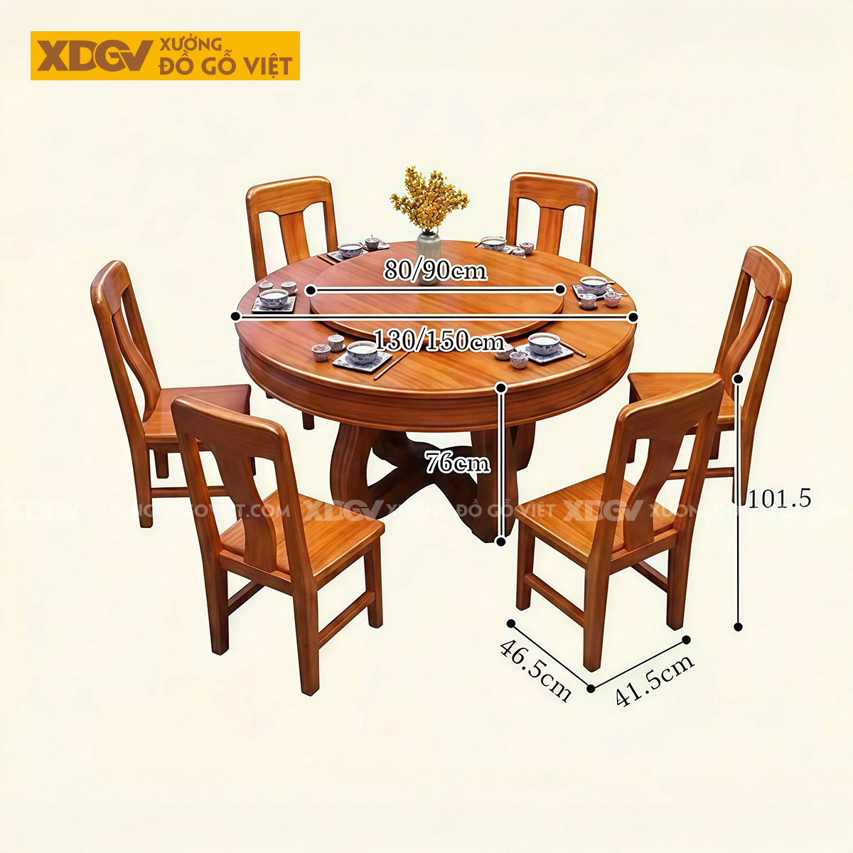 Bàn Ghế Ăn Gỗ Gõ Đỏ Thiết Kế Mâm Xoay Tiện Nghi