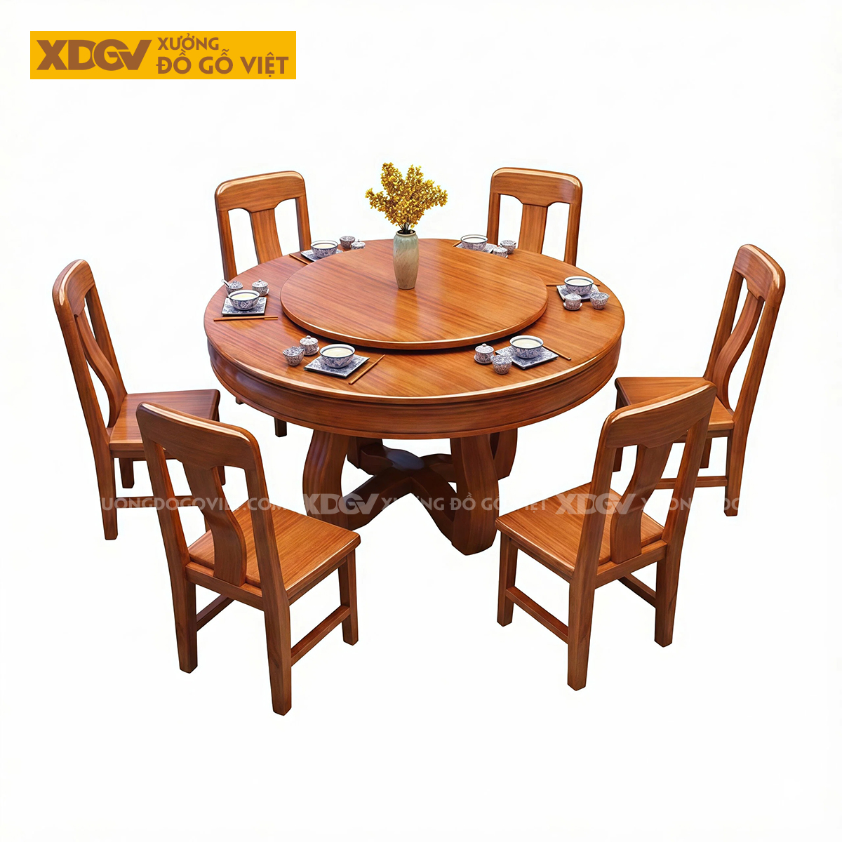 Bàn Ghế Ăn Gỗ Gõ Đỏ Thiết Kế Mâm Xoay Tiện Nghi