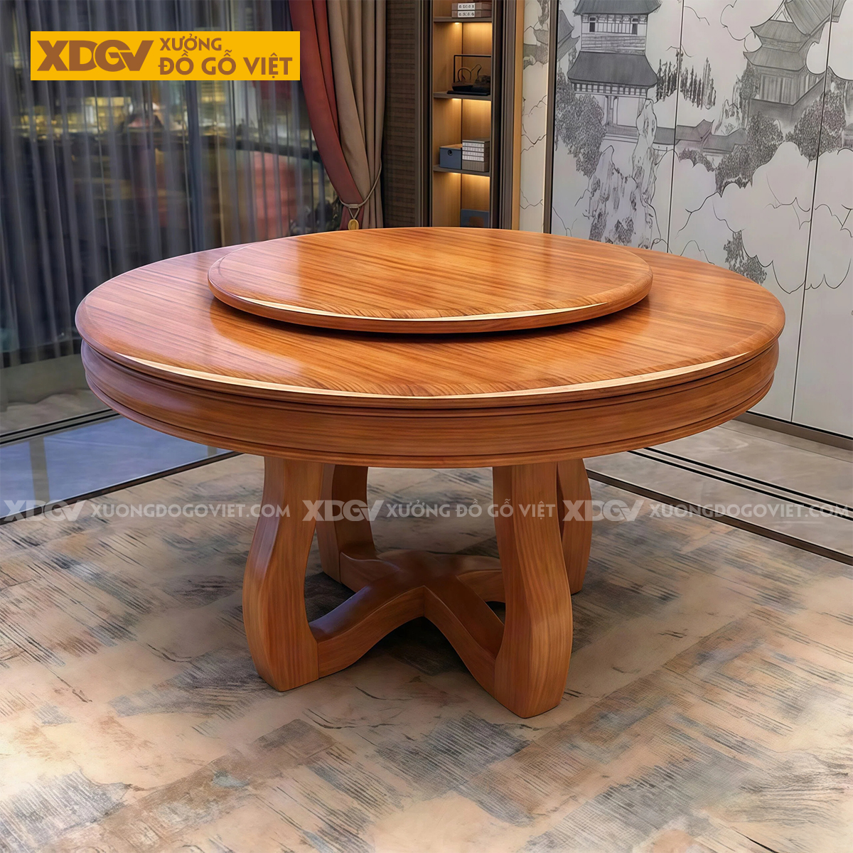 Bàn Ghế Ăn Gỗ Gõ Đỏ Thiết Kế Mâm Xoay Tiện Nghi