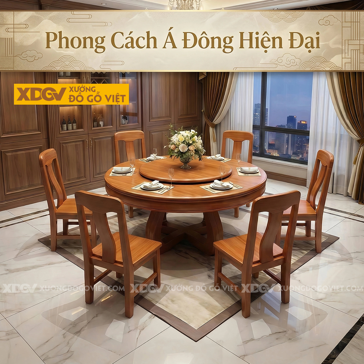 Bàn Ghế Ăn Gỗ Gõ Đỏ Thiết Kế Mâm Xoay Tiện Nghi