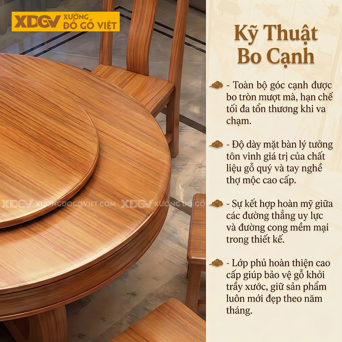 Bàn Ghế Ăn Gỗ Gõ Đỏ Thiết Kế Mâm Xoay Tiện Nghi