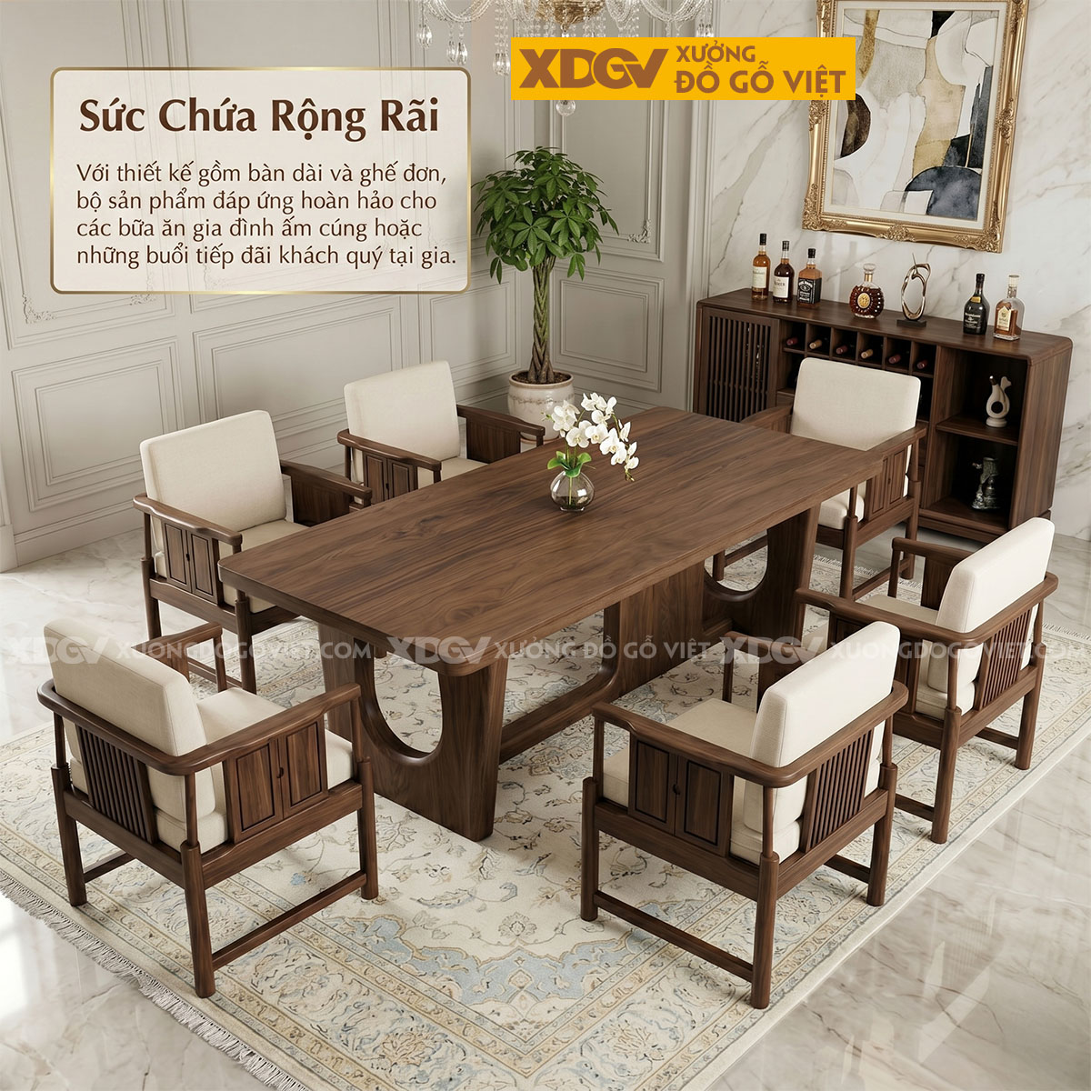Bàn Ghế Ăn Gỗ Óc Chó Chân Cách Điệu Phối Ghế Kiểu Tân Á Đông