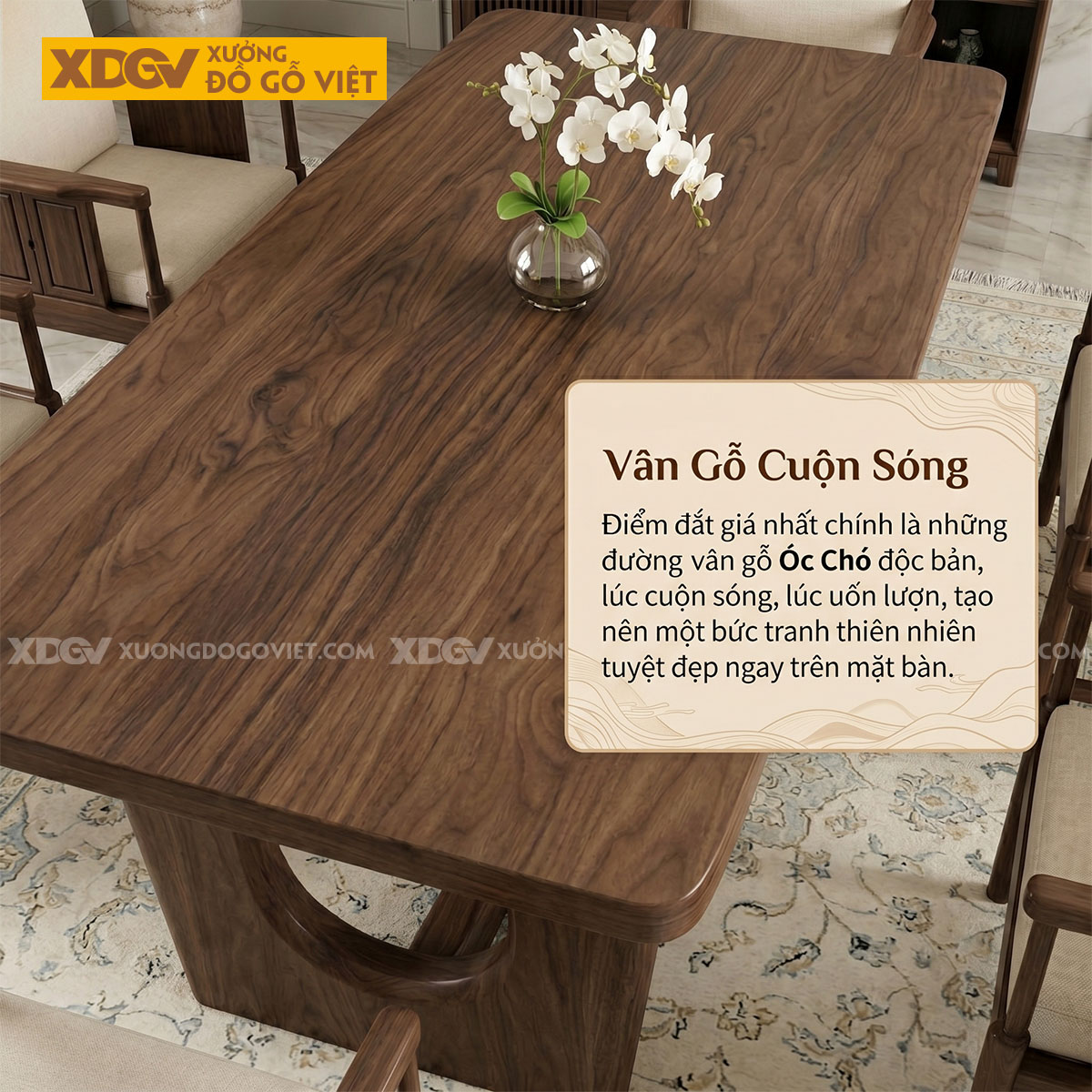 Bàn Ghế Ăn Gỗ Óc Chó Chân Cách Điệu Phối Ghế Kiểu Tân Á Đông