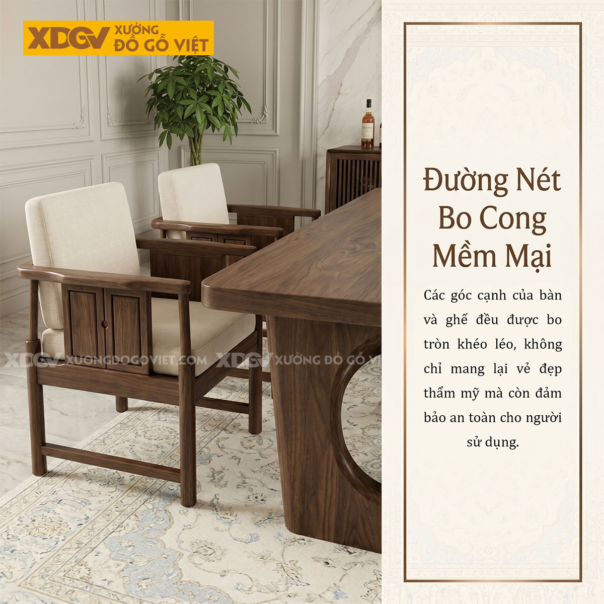 Bàn Ghế Ăn Gỗ Óc Chó Chân Cách Điệu Phối Ghế Kiểu Tân Á Đông
