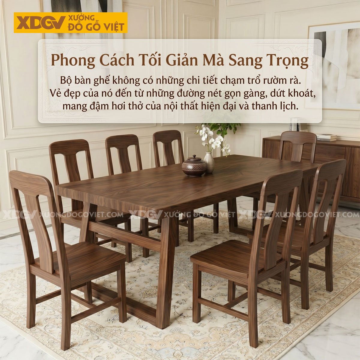 Bàn Ghế Ăn Gỗ Óc Chó Chân Chữ A Ghế Tựa Lưng Cao Hiện Đại