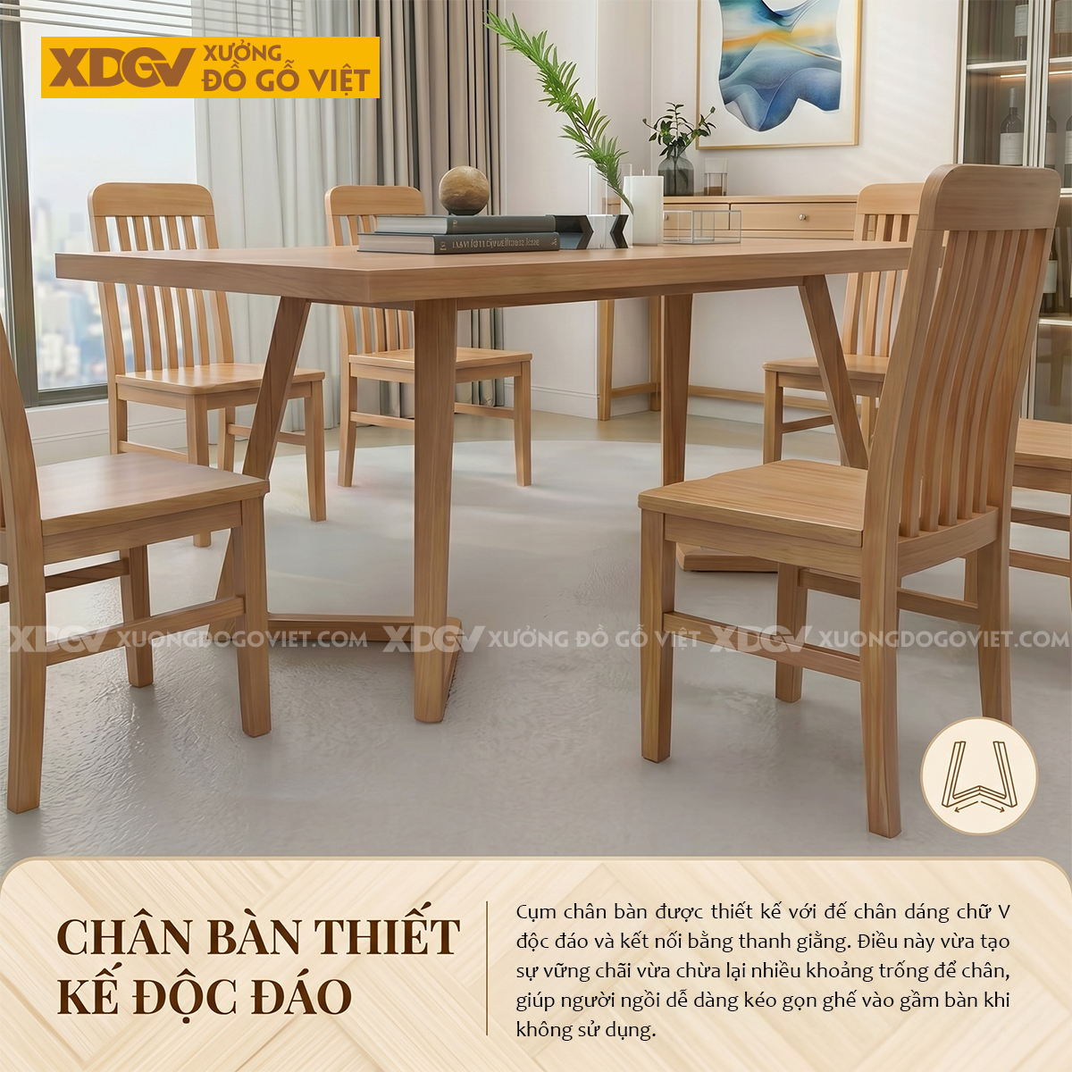 Bàn Ghế Ăn Gỗ Sồi Chân Đế Chữ V Phong Cách Bắc Âu