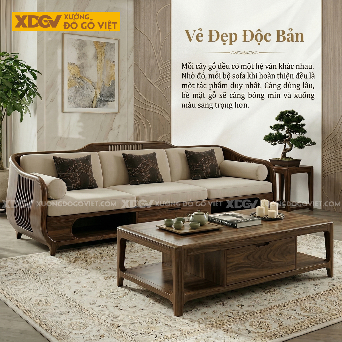 Bàn Ghế Sofa Hiện Đại Gỗ Óc Chó Dáng Thuyền Bo Cong Mềm Mại