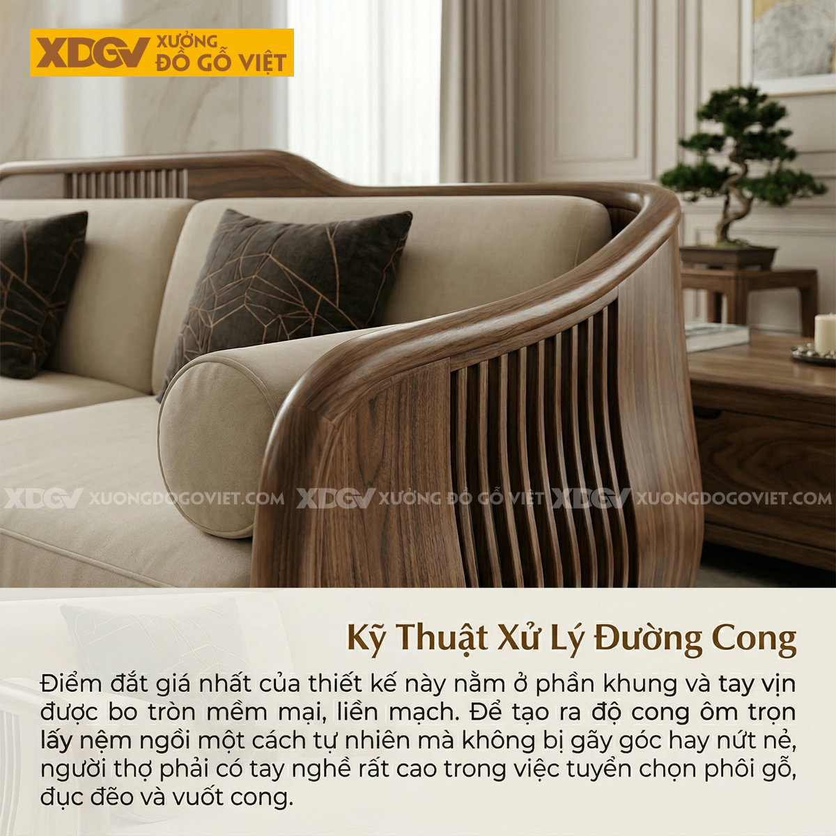 Bàn Ghế Sofa Hiện Đại Gỗ Óc Chó Dáng Thuyền Bo Cong Mềm Mại