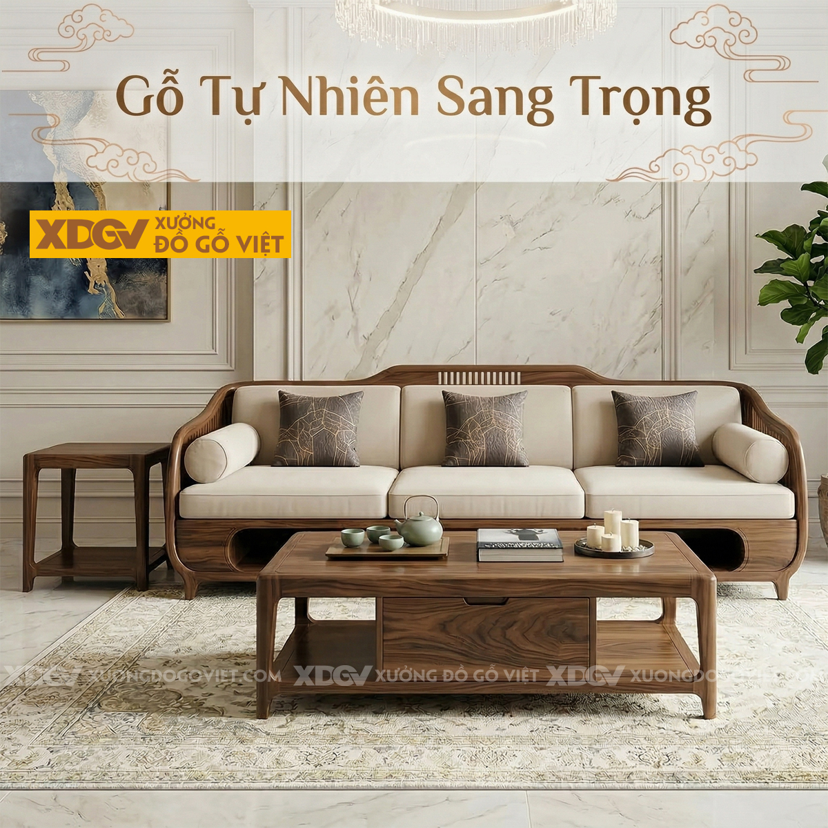 Bàn Ghế Sofa Hiện Đại Gỗ Óc Chó Dáng Thuyền Bo Cong Mềm Mại