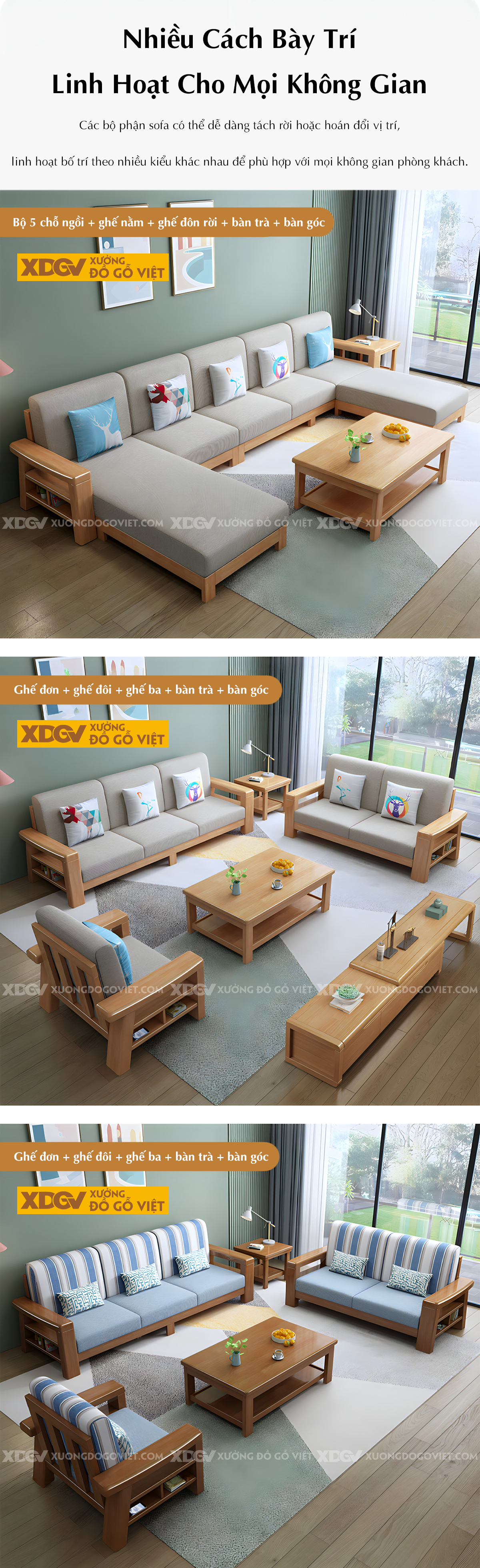 Bàn Ghế Sofa Phòng Khách Gỗ Cao Su Tay Vịn 2 Tầng Đựng Đồ
