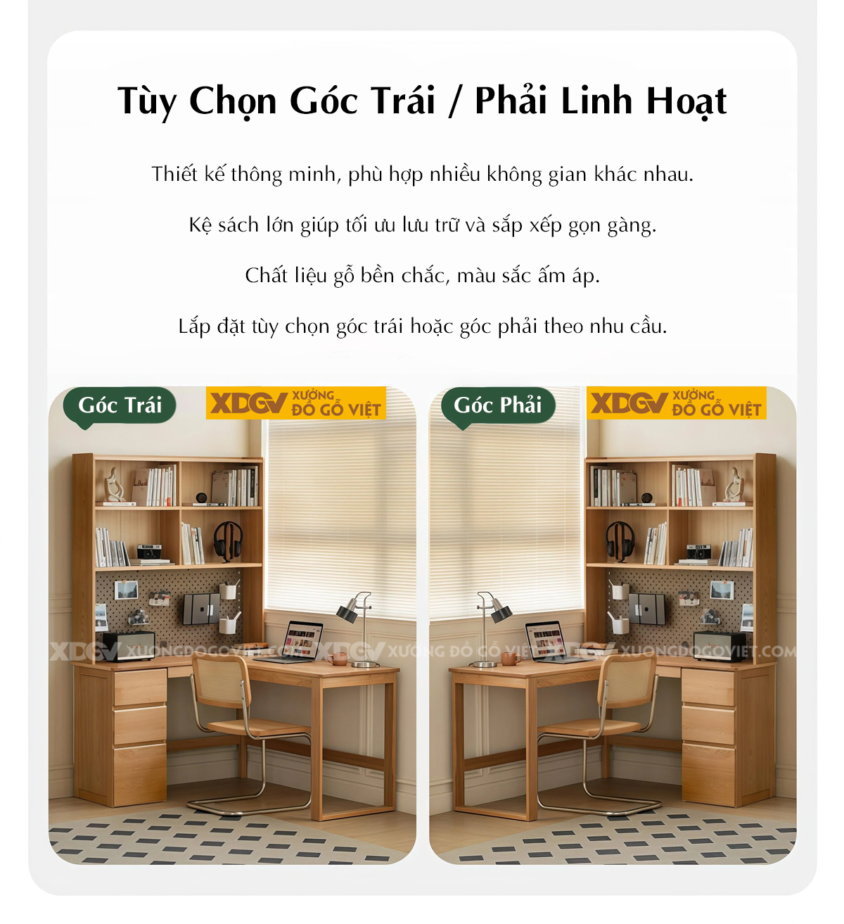 Bàn Học Góc L Công Thái Học Kết Hợp Kệ Sách Đa Năng