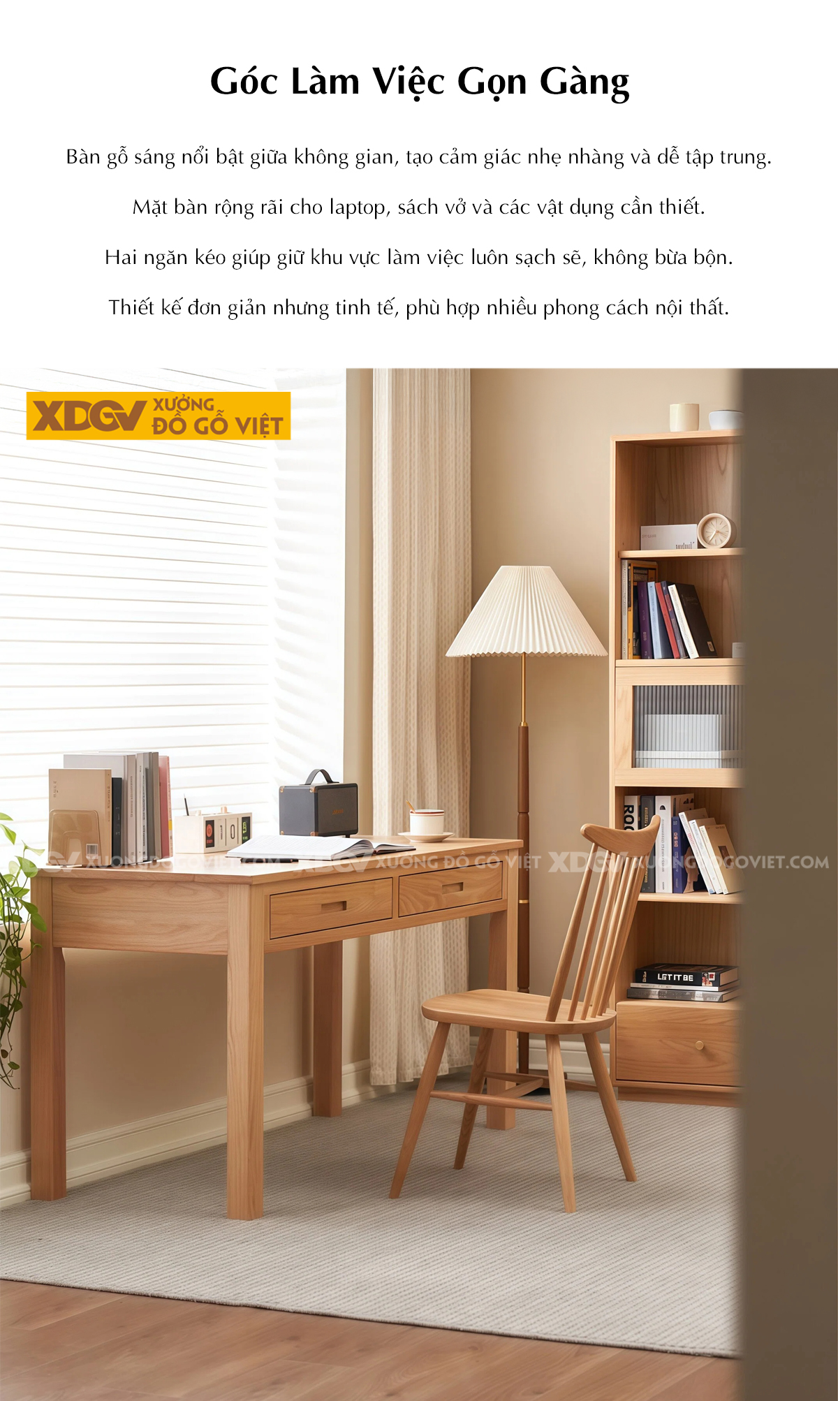 Bàn Học Và Làm Việc Gỗ Sồi Mỹ Phong Cách Bắc Âu Tối Giản
