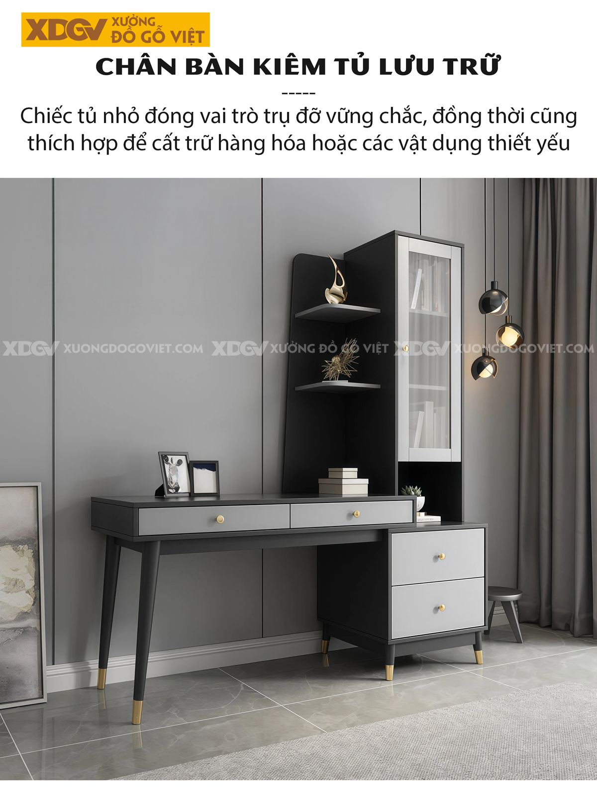 Bàn Làm Việc Gỗ MDF Chân Cao Kèm Tủ Lưu Trữ Đa Năng