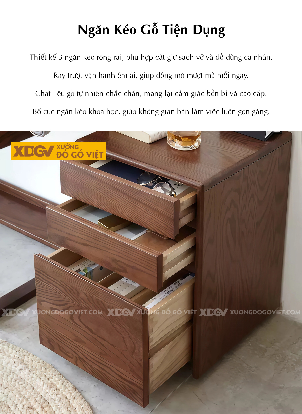 Bàn Làm Việc Gỗ Sồi Kết Hợp Kệ Và Ngăn Kéo Tiện Dụng