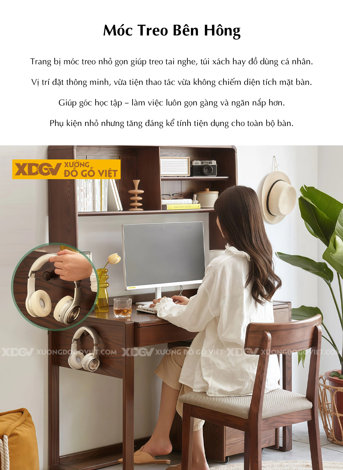 Bàn Làm Việc Gỗ Sồi Kết Hợp Kệ Và Ngăn Kéo Tiện Dụng