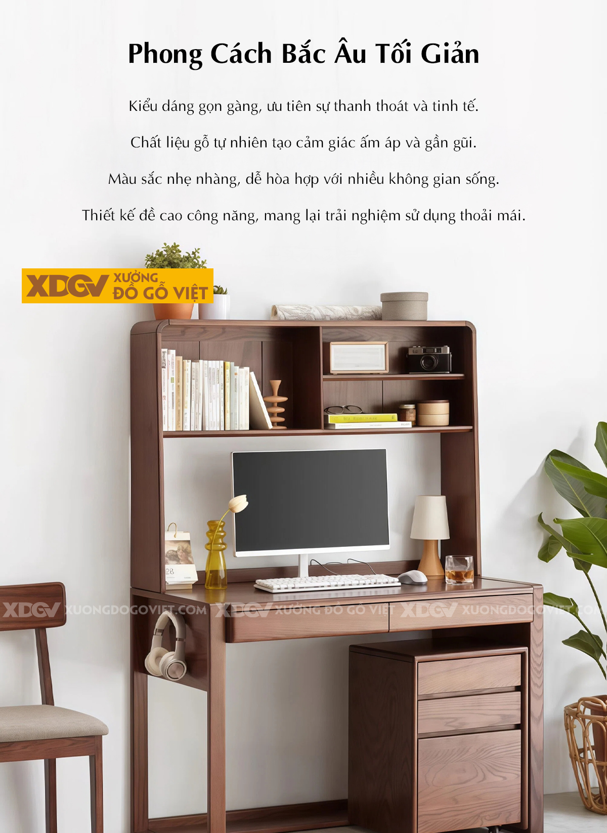 Bàn Làm Việc Gỗ Sồi Kết Hợp Kệ Và Ngăn Kéo Tiện Dụng