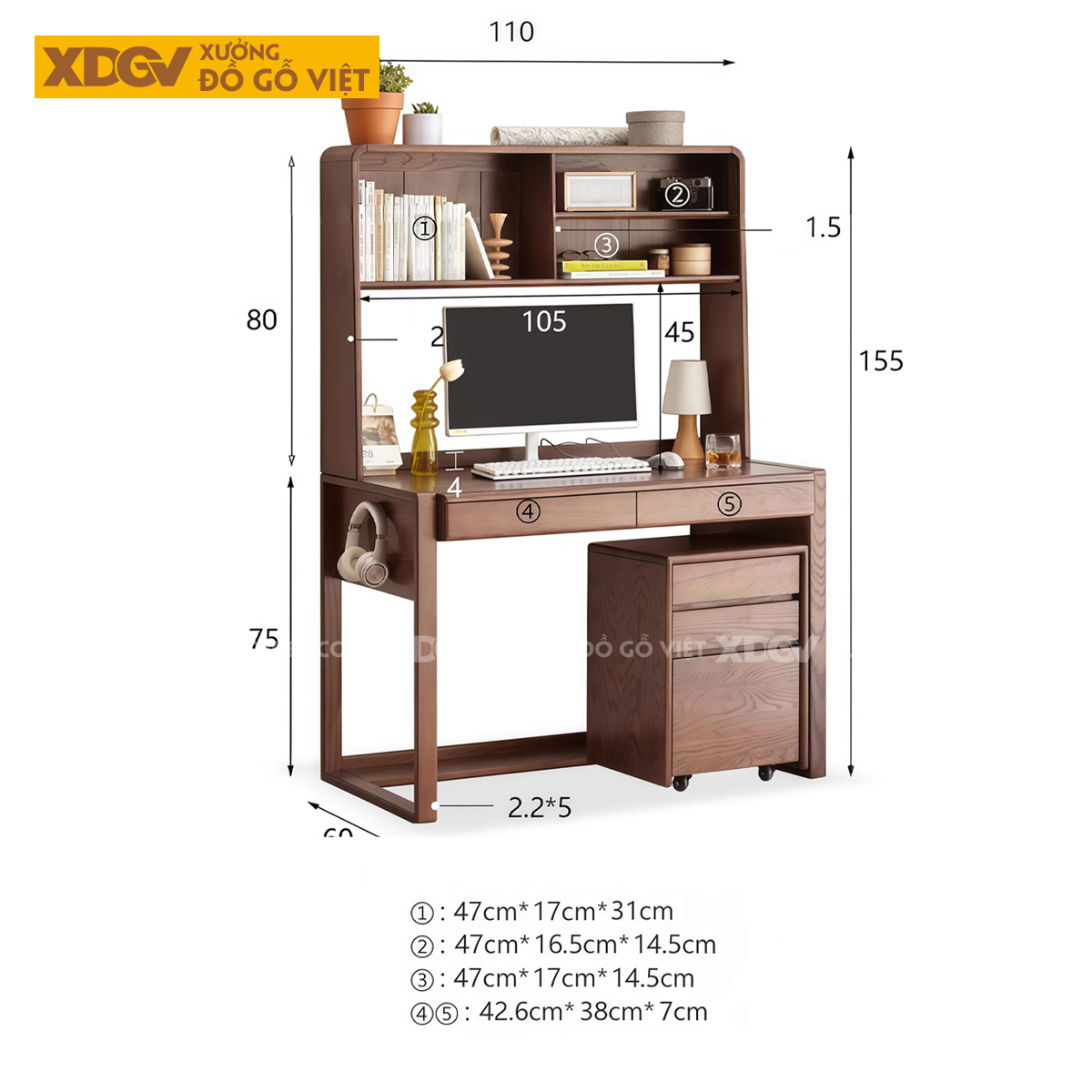 Bàn Làm Việc Gỗ Sồi Kết Hợp Kệ Và Ngăn Kéo Tiện Dụng