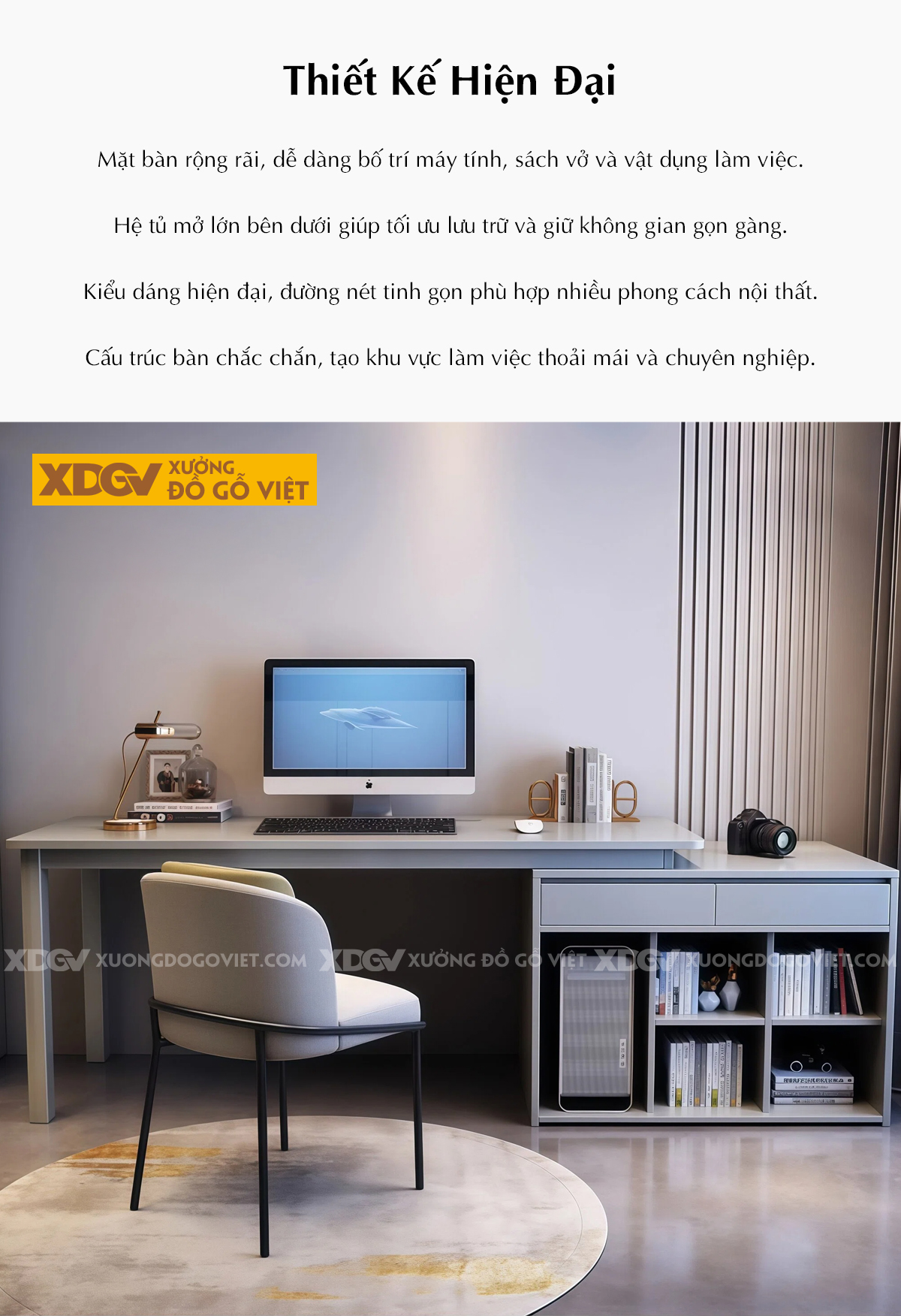 Bàn Làm Việc Gỗ Sồi Màu Óc Chó Kiểu Chữ L Cách Điệu Hiện Đại