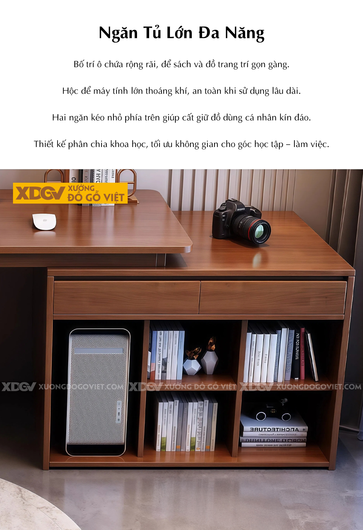 Bàn Làm Việc Gỗ Sồi Màu Óc Chó Kiểu Chữ L Cách Điệu Hiện Đại