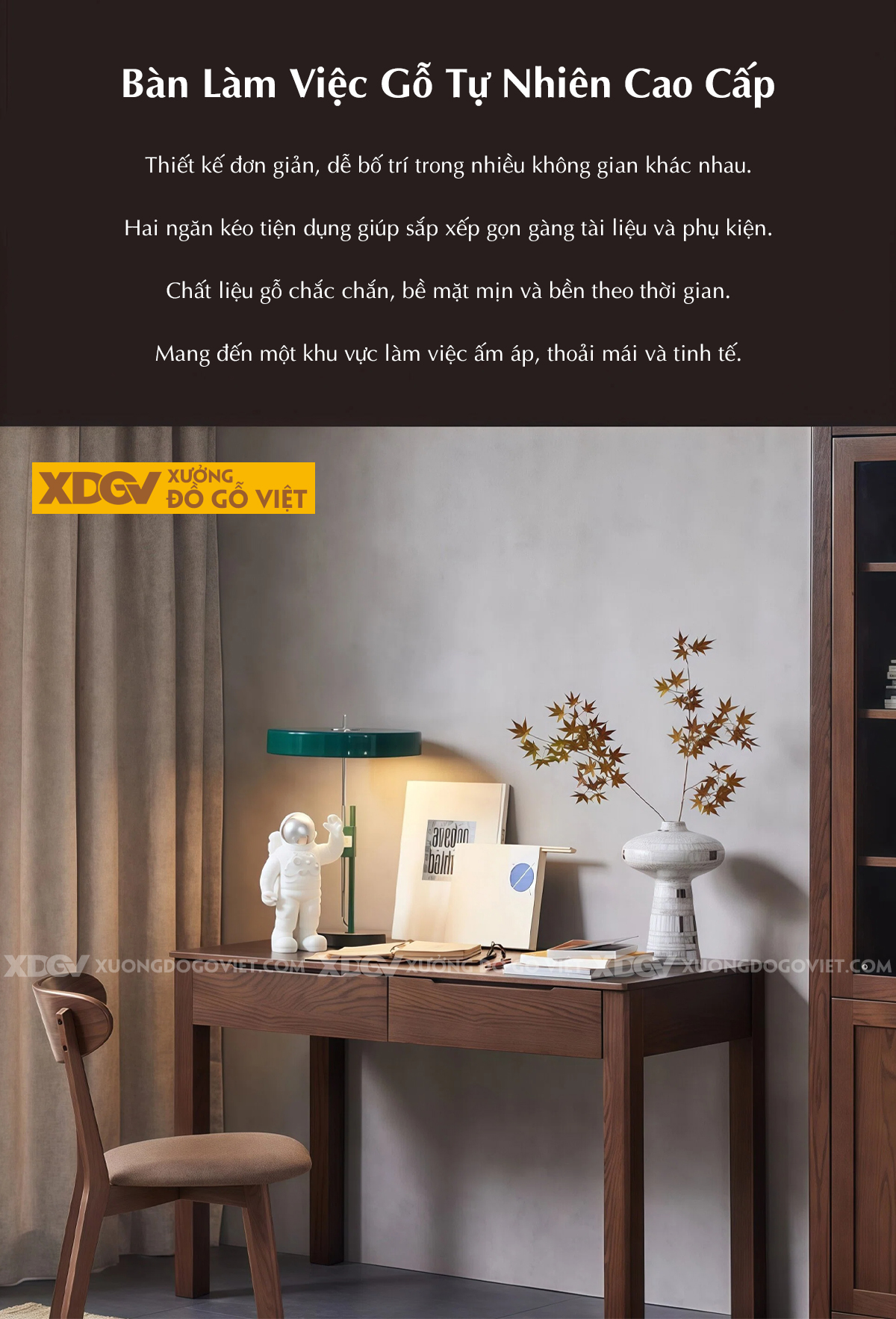 Bàn Làm Việc Gỗ Sồi Mỹ Màu Óc Chó Nhỏ Gọn Có Ngăn Kéo